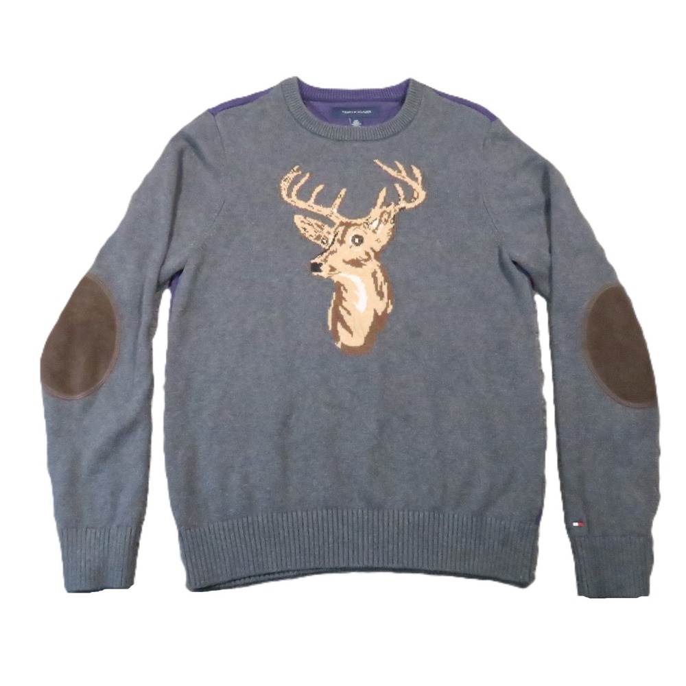 Tommy Hilfiger Deer Buck Sweater S Gray Purple Elbow Patch Cabin Preppy Hunting